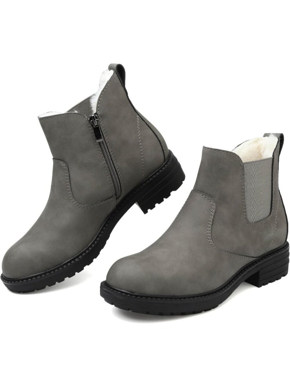 Women's Grey Chelsea Boots Waterproof Fur Lined Ankle Side Zipper Warm Boots
